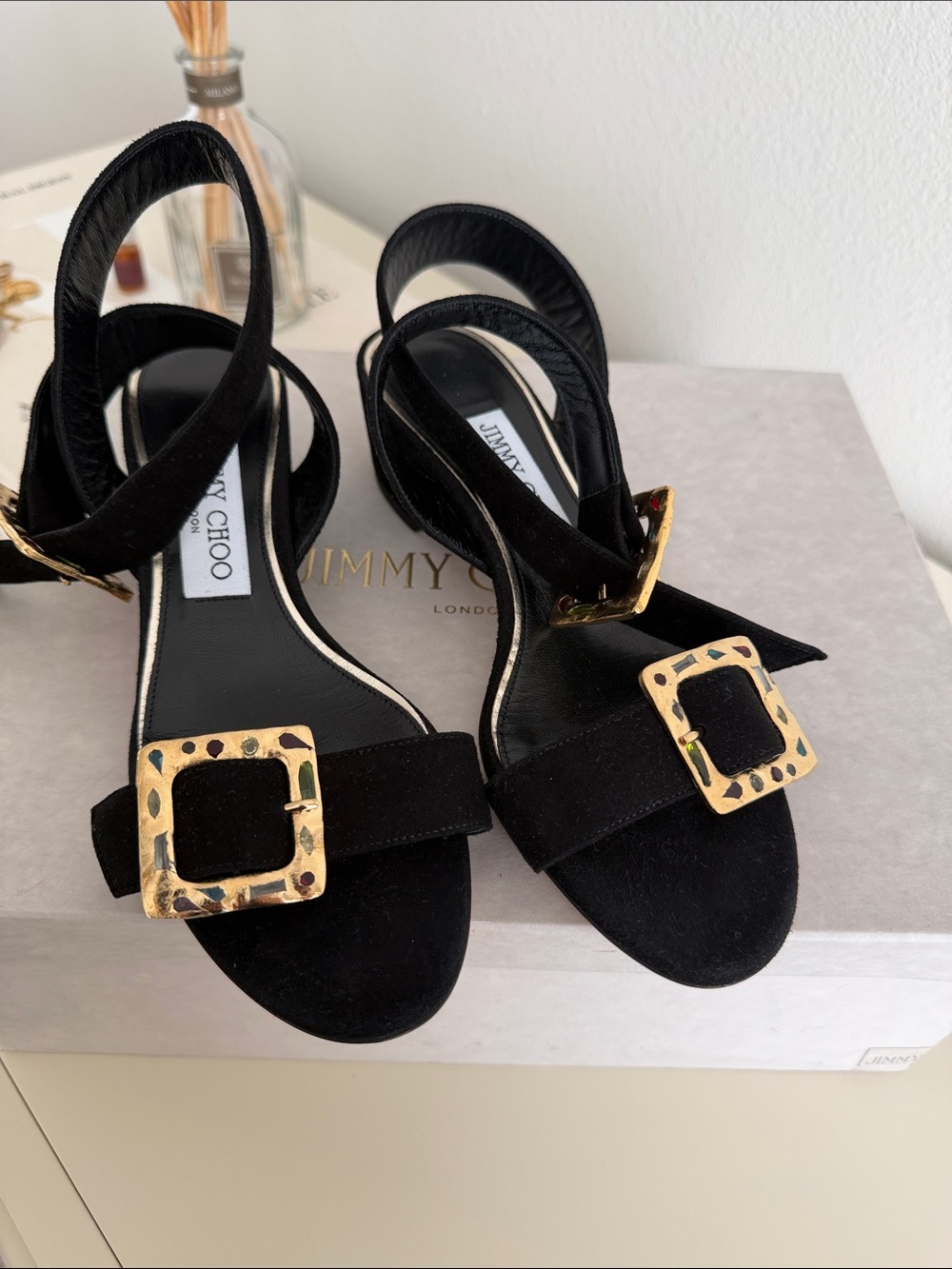 Jimmy Choo Black Suede Slingback Heels with Gold Buckles - New